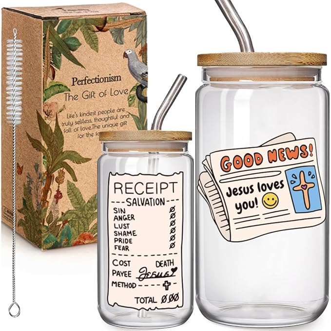 Jesus Loves You Christian 16 oz Glass Drinking Cup Gifts for Women of the Bible, Christian Faith Bible Verse Gift, Baptism Gifts,Jesus Coffee Jar Lids Straws Educational Religious Party Favors Gift