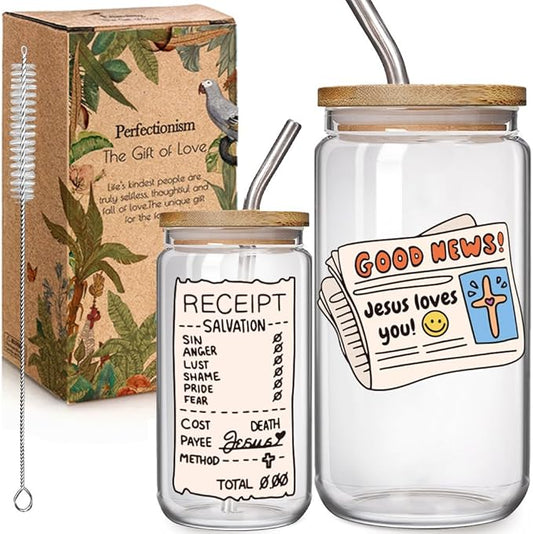 Jesus Loves You Christian 16 oz Glass Drinking Cup Gifts for Women of the Bible, Christian Faith Bible Verse Gift, Baptism Gifts,Jesus Coffee Jar Lids Straws Educational Religious Party Favors Gift