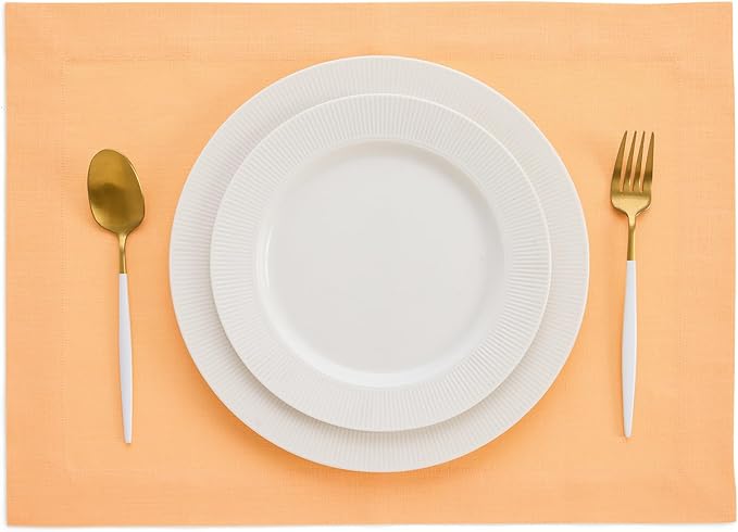 Solino Home Linen Cloth Placemats Set of 4-100% Pure Linen Peach Placemats 14 x 19 Inch - Fete