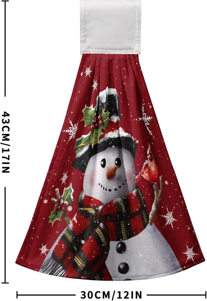Snowman Xmas Hanging Kitchen Towels Winter Holiday Dish Towel with Hanging Loops Christma Hand Tie Towels Soft Absorbent for Bathroom Home Tabletop Decor 12x17 Inch Set of 2