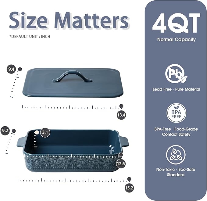 Casserole Dish with Lid, Ceramic 9x13 Casserole Dish for Oven, Rectangular Bakeware, Large Baking Dish with Handles for Holiday Cooking, Roasting, Baking, Oven & Microwave Safe (Blue)