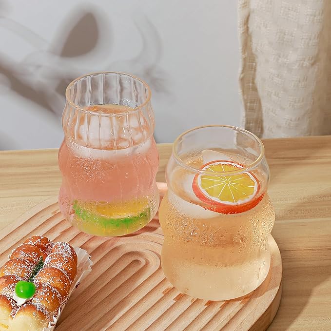 Koythin 2-Piece Ribbed Glass Cups, Vintage Drinking Glassware for Iced Coffee Juice Cocktails Milk Tea Beer, 16 oz/460 ml Cute Bubble Cup with Wave Shape (Cloudy Chubby)