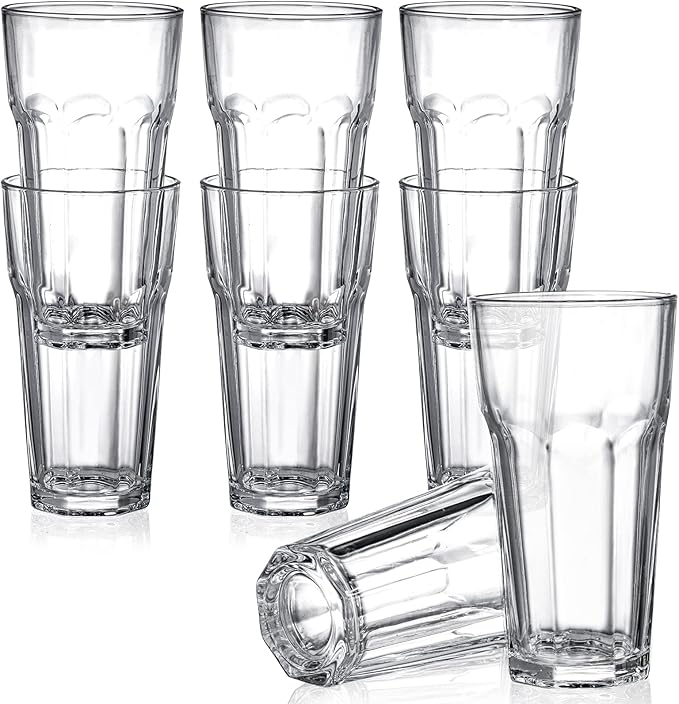 Yopay Set of 8 Highball Drinking Glasses, 12oz Lead-Free Tempered Water Glasses Thick Heavy Base, Clear Iced Hot Tea Glassware for Cocktail, Juice, Milkshake, Soda Beer Tumbler Cup