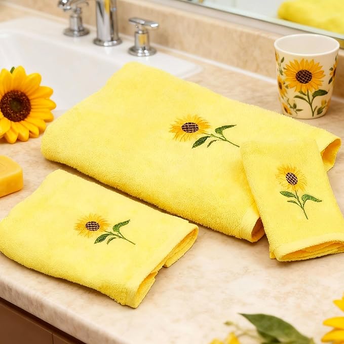 Peryiter 6 Pack Cotton Christmas Bath Towels Set Sunflower Yellow Towels for Bathroom, Soft and Absorbent, Contains 2 Bath Cloth, 2 Hand Cloth and 2 Wash Cloths