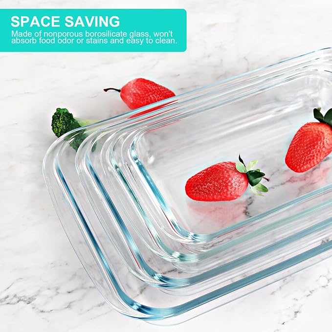 KOMUEE 8 Pieces Glass Baking Dish with Lids Rectangular Glass Baking Pan Bakeware Set with BPA Free Lids, Baking Pans for Lasagna, Leftovers, Cooking, Kitchen, Fridge-to-Oven, Green