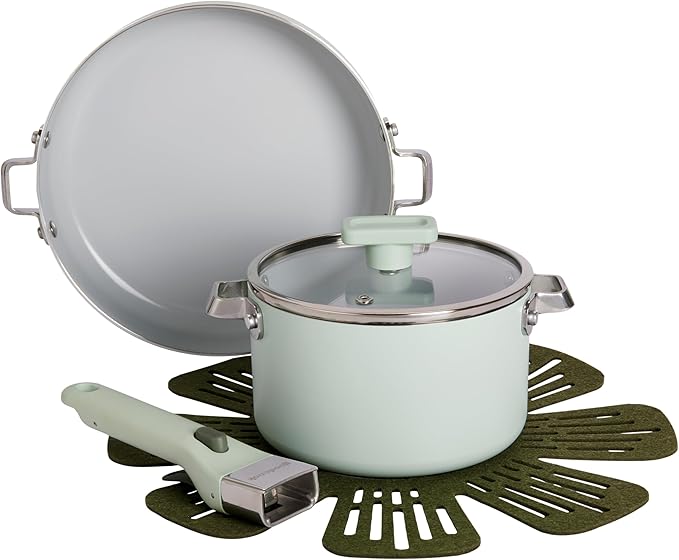 GoodCook Ceramic Cookware Set 5-Piece with Removable Handle, Induction Compatible, Nonstick and Oven Safe with 9.5-Inch Frypan, Sage Green