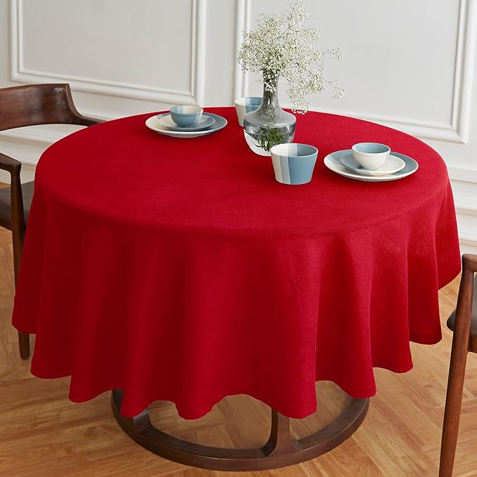 Solino Home Linen 60 Inch Round Tablecloth - 100% Pure Linen Red Round Tablecloth - Machine Washable Table Cloth for Valentines, Holiday, New Year - Sonoma