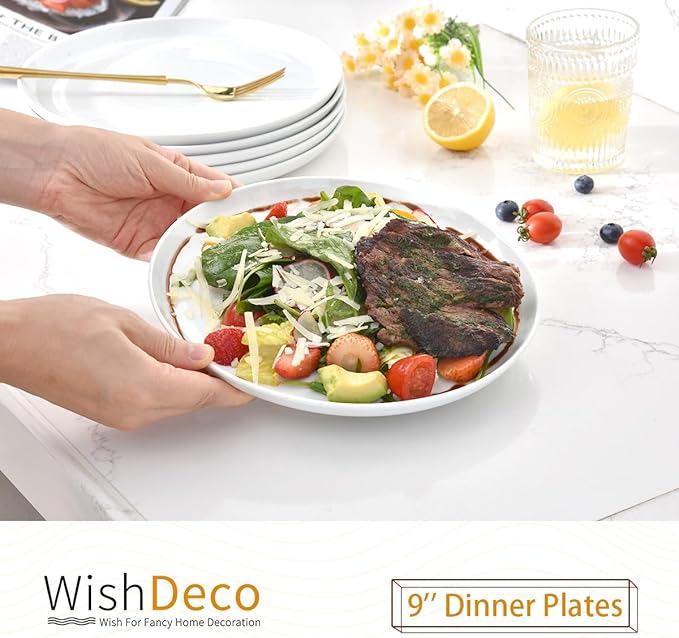 White Dinner Plates Set of 6, Porcelain Salad Plates 9 Inch, Modern Kitchen Plate, Round Serving Dishes, Microwave and Dishwasher Safe, Scratch Resistant, Smooth Glaze