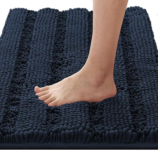 H.VERSAILTEX Bath Rugs for Bathroom Non Slip Bath Mats Extra Thick Chenille Striped Rug 20" x 32" Absorbent Non Skid Fluffy Soft Shaggy Washable Dry Fast Plush Mat for Indoor, Bath Room, Tub - Navy