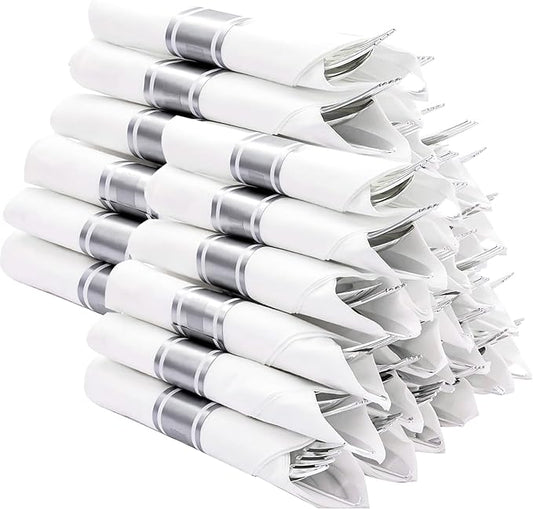 N9R 120 Pack Pre Rolled Silver Plastic Silverware Set, Wrapped Silverware Set Disposable with 120 Forks, 120 Knives, 120 Spoons, 120 Napkins, Disposable Cutlery Set for Party and Wedding