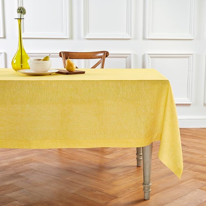 Solino Home Linen Tablecloth 60 x 144 Inch - 100% Pure Linen Chambray Lemon Yellow Table Cloth for Rectangle Tables - Athena, Machine Washable Tablecloth