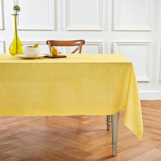 Solino Home Linen Tablecloth 60 x 108 Inch - 100% Pure Linen Chambray Lemon Yellow Table Cloth for Rectangular Tables - Athena, Machine Washable Cloth Tablecloth