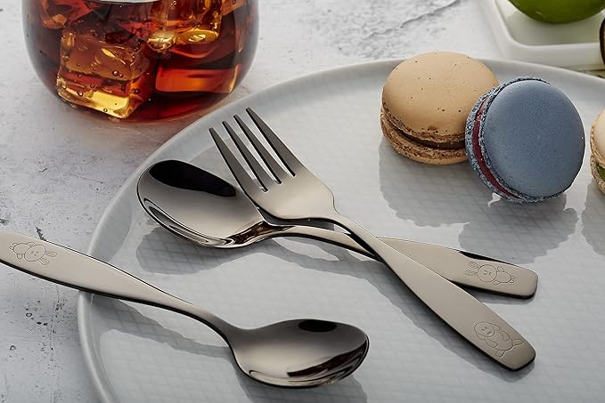 ANNOVA Kids Silverware Children's Safe Flatware Set Stainless Steel - Children Forks, Children Tablespoons, Toddler Utensils, Metal Cutlery Set for LunchBox (Black Gold, 6)