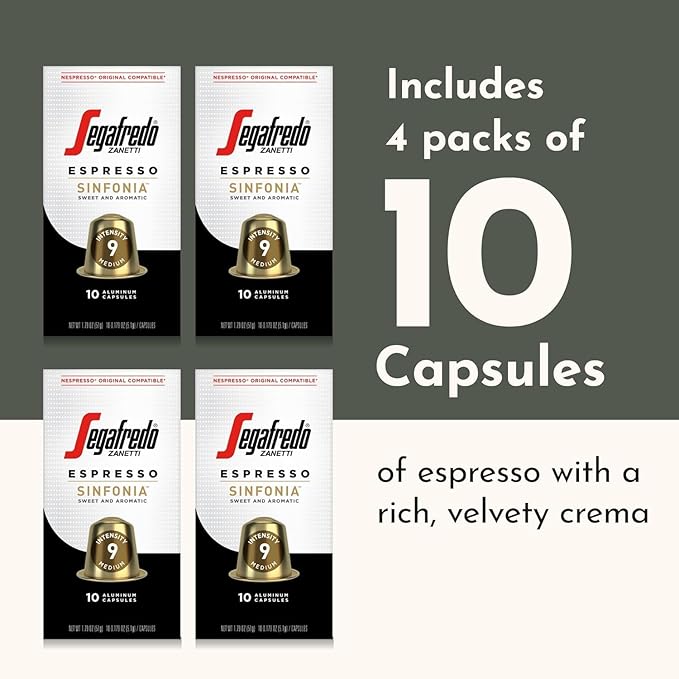 Segafredo Zanetti Espresso Capsules – Aluminum Pods for Nespresso Original Machines – Medium Roast Premium Espresso with a Sweet Aroma – Subtle, Intensity 9 – Sinfonia, 10 Count (Pack of 4)