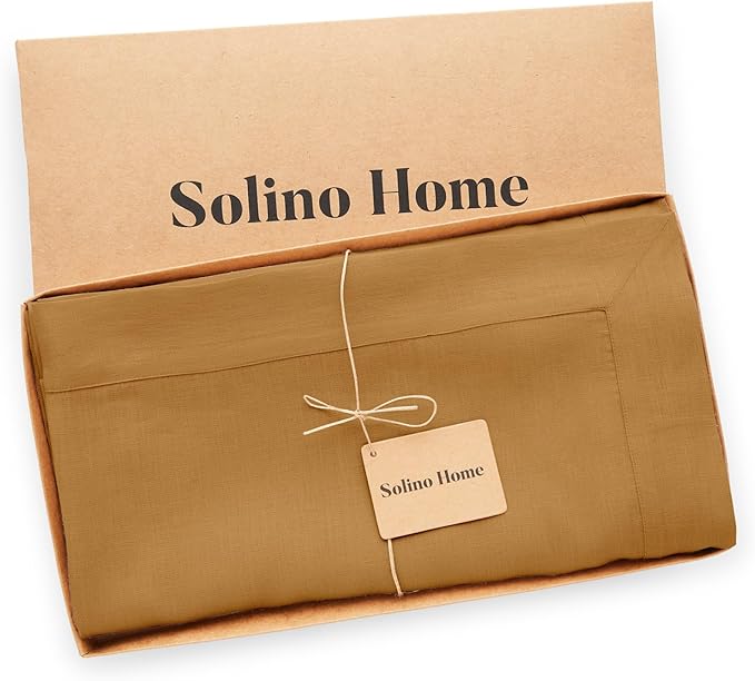 Solino Home Linen Tablecloth for Rectangle Tables 60 x 108 Inch - 100% Pure Linen Caramel Table Cloth - Fete, Machine Washable Cloth Tablecloth