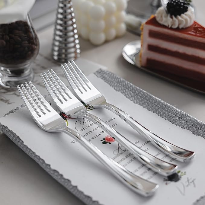 N9R 50PCS Silver Plastic Forks, Solid, Durable and Heavy Duty Disposable Silverware Forks, Perfect Plastic Utensils for Party, Wedding and Daily Use