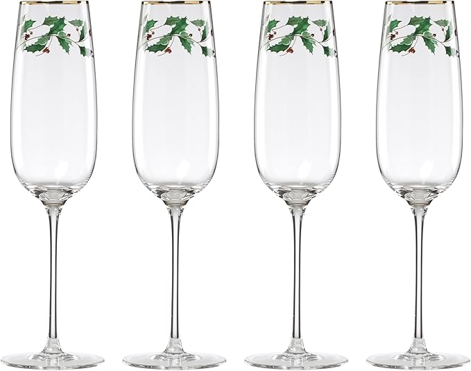 Lenox Glassware, Holiday Decal Flutes, Set of 4, 11-Ounce Capacity, Made From Glass, Dishwasher Safe Flutes, Drinking Glasses Set, Home And Kitchen, Champagne Flute, Champagne Glasses (Clear, 4 Piece)