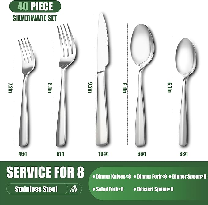 40 Piece Silverware Set for 8, Stainless Steel Cutlery Set Food Grade Flatware Set Include Knife Fork Spoon Mirror Polished Dishwasher Safe