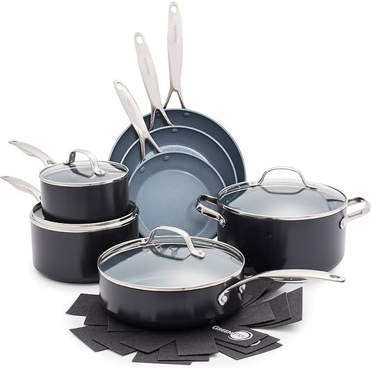 GreenPan Valencia Pro Ceramic Nonstick 11 Piece Cookware Set, Hard Anodized PFAS-Free Pots & Pans, Induction Ready, Compatible on All Cooktops, Dishwasher Safe, Oven Safe to 600F, Gray