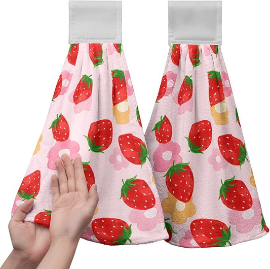 Strawberry Hand Tie Towel Pink Red Fruit Hanging Kitchen Towel with Loop Summer Strawberry Haning Dish Towels Soft Absorbent for Kitchen Bathroom Aceesories Decor Set of 2