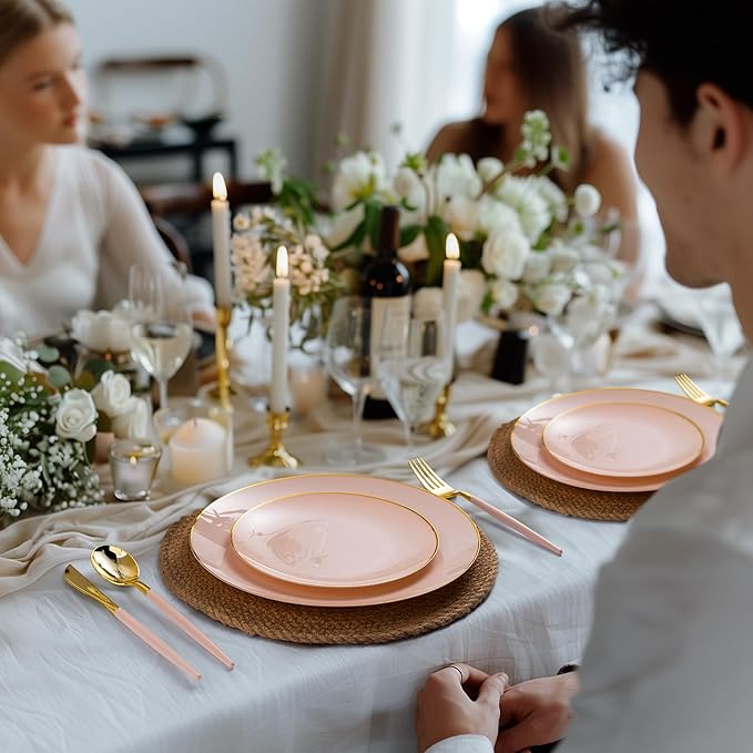 150 PCS Pink Gold Plastic Utensils for 50 Guests, Gold Disposable Silverware with 50 Knives, 50 Spoons and 50 Forks, BPA Free, Ideal for Weddings, Birthdays & Graduation