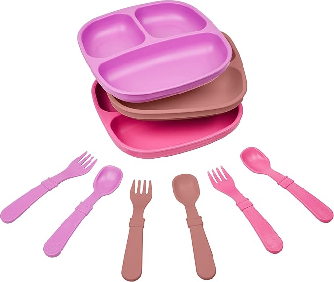 Re-Play 3x3 Divided Toddler Plates and Utensils Set - Toddler Forks and Spoons Set - Dishwasher and Microwave Safe - Made in USA - Berry