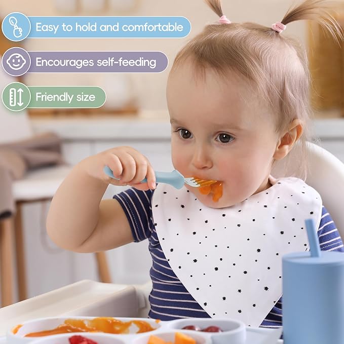 6 PCS Toddler Forks Set - Baby Forks with Silicone Handle Children Food Grade 18/8 Stainless Steel Toddler Utensils Set for Self Feeding Kids Silverware Set Safe Anti-Choke Design Dishwasher Safe
