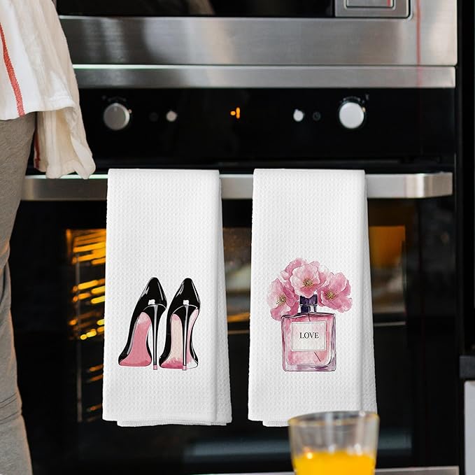 Girly Pink High Heel Perfume Kitchen Towels Set of 2, Modern Bath Bathroom Women Hand Dish Towel, Modern Fashion Floral Perfume Decorative Tea Towel 16x24 Inch