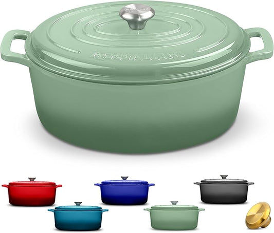 Signature Enameled Cast Iron Oval Dutch Oven | Non-Stick Serving Pot with Tight Fitting Lid for Perfect Roasting, Baking, Sauteing, and Bread Making | 15.5Q [Sage]