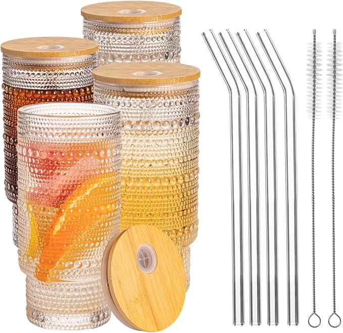 Drinking Glasses with Bamboo Lids and Glass Straw 4pcs Set,16oz Glass Tumbler Cups,Water Glasses,Iced Coffee Glasses,iced Tea Glasses,Beer Glasses,Ideal for Whiskey,2 Brushes