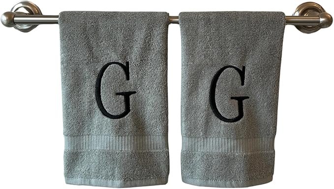 Gray Initial Hand Towel for Bathroom - Monogrammed Luxury Hotel Quality Decorative Embroidered Towel for Powder Room, Spa - GOTS Organic Certified - Set of 2 Black Letter G