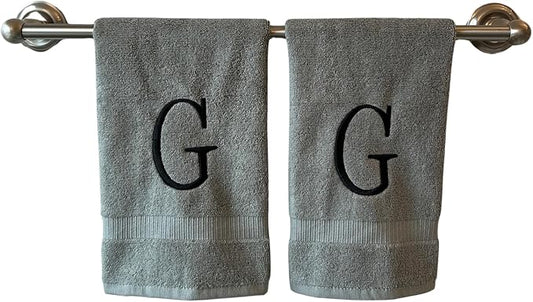 Gray Initial Hand Towel for Bathroom - Monogrammed Luxury Hotel Quality Decorative Embroidered Towel for Powder Room, Spa - GOTS Organic Certified - Set of 2 Black Letter G