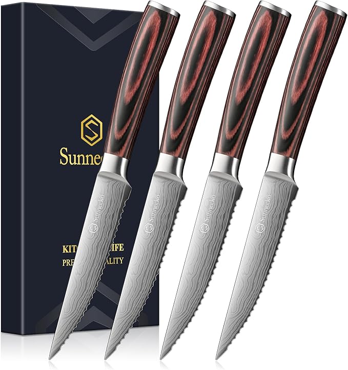 Sunnecko Razor-Sharp Steak Knives Set of 4,Premium Stainless Steel Serrated Steak Knife Set,Pakkawood Handle 4.5 Inch Kitchen Steak Knife with Gift Box