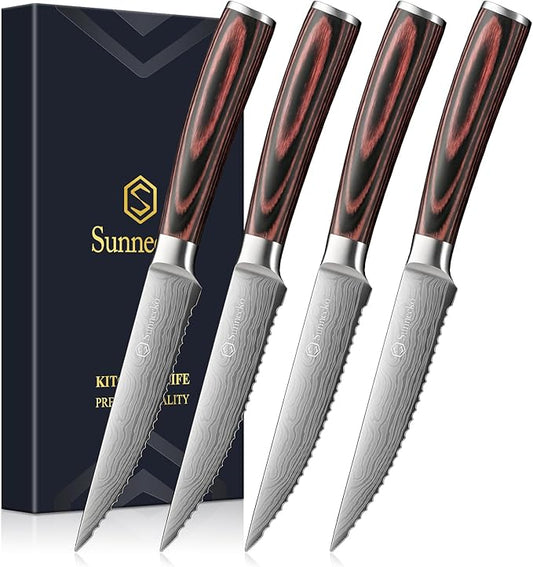 Sunnecko Razor-Sharp Steak Knives Set of 4,Premium Stainless Steel Serrated Steak Knife Set,Pakkawood Handle 4.5 Inch Kitchen Steak Knife with Gift Box