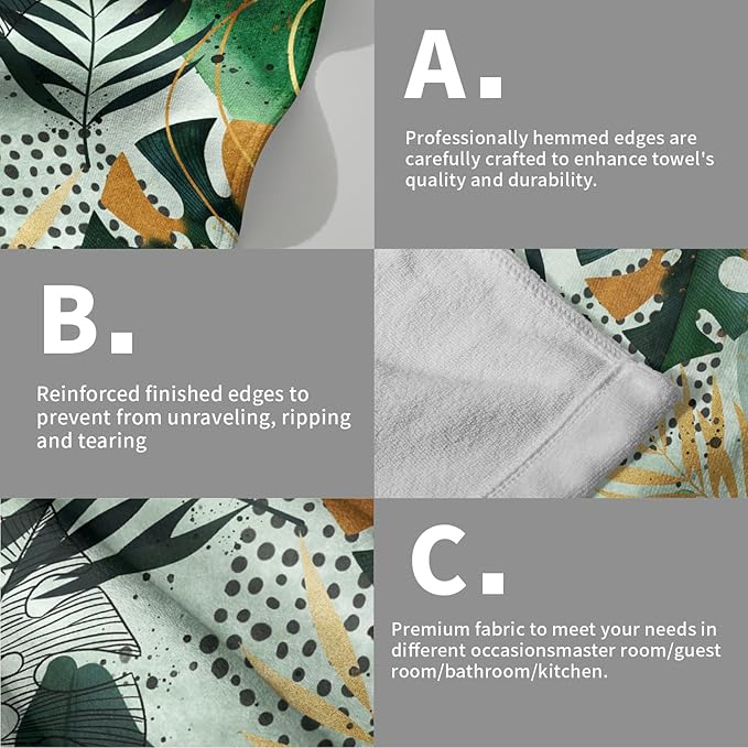 Imiss Tropical Palm Leaf Hand Towels Set of 2 Green Gold Boho Leaves Fingertip Small Bath Towels Dish Towel for Hotel Spa Gym Decor, 14.4 x 28.3 Inch