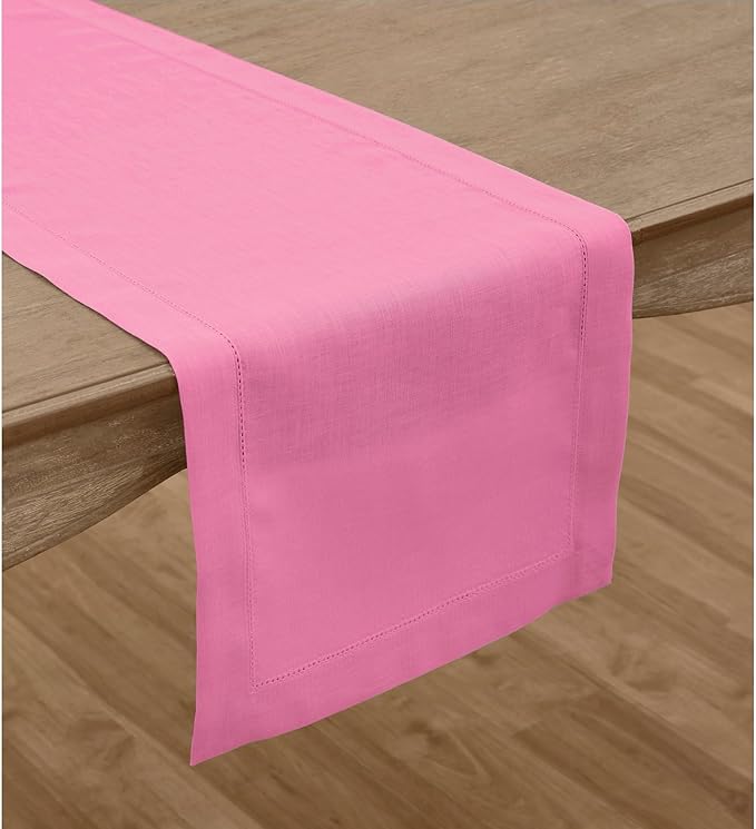 Solino Home Linen Flamingo Pink Table Runner 144 Inches Long - 100% Pure Linen Extra Long Table Runner 14 x 144 Inch for Valentines - Classic Hemstitch