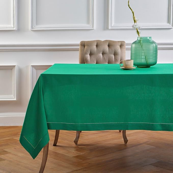 Solino Home Linen Emerald Green Tablecloth 52 x 52 Inch - 100% Pure Linen Square Table Throw - Classic Hemstitch, Machine Washable Table Cloth for New Year