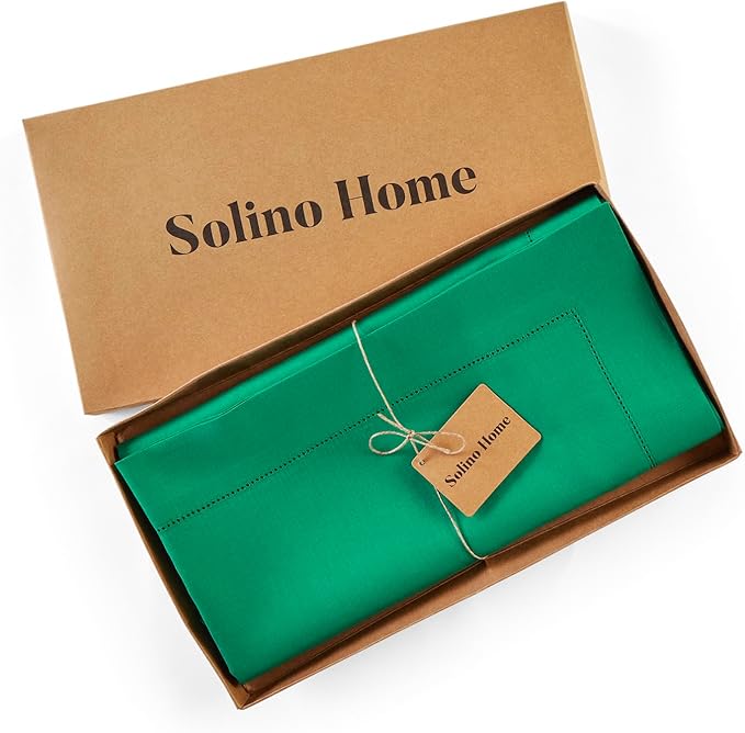 Solino Home Linen Emerald Green Tablecloth 52 x 52 Inch - 100% Pure Linen Square Table Throw - Classic Hemstitch, Machine Washable Table Cloth for New Year