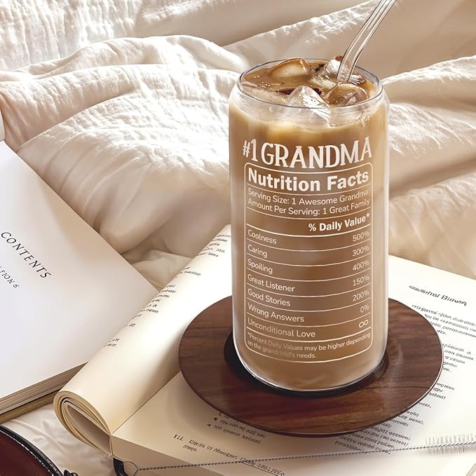 Grandma 16 Oz Can Glass Tumbler with Bamboo Lid and Straw - Iced Coffee Cups for Women, Aesthetic Glass Cup Gift for Grandmother Nana Birthday Christmas Mother's Day