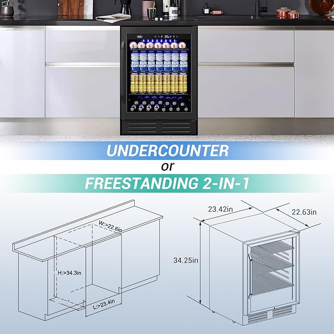 24 Inch Beverage Refrigerator Under Counter, 24" Space Built-In Beer and Drink Fridge with Glass Door for Soda, Water, and Milk - For Kitchen, Bar or Office