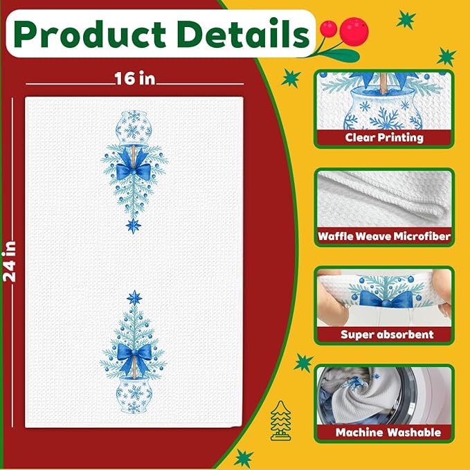 1PCS Bule Xmas Chinoiserie Christmas Kitchen Hand Towels,Blue and White Porcelain Decorative Dish Tea Towel,Bow Chinoiserie Decor for Bathroom, for Women,16x24inch -A02