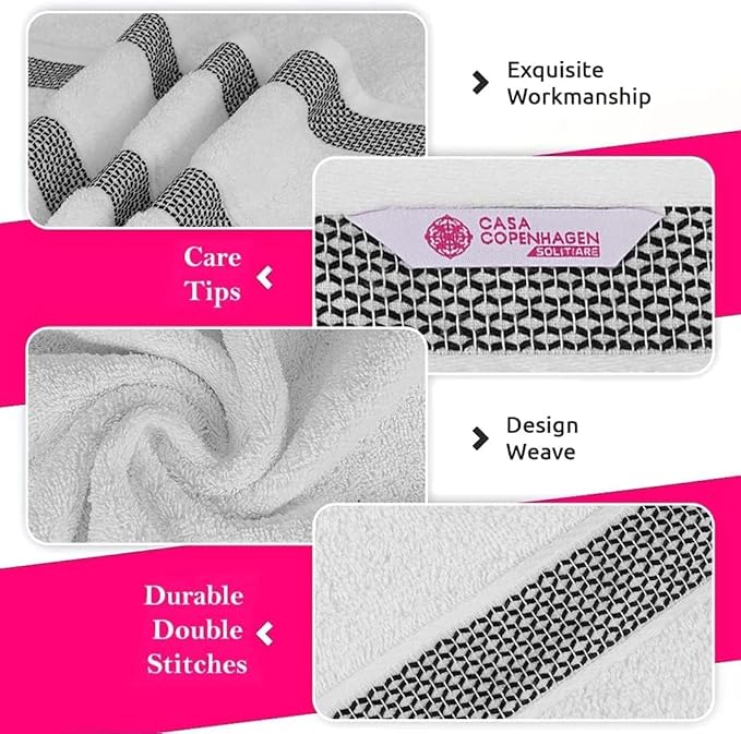CASA COPENHAGEN Solitaire Mix 6 Pieces Towel Set- White + Jet Black, 600 GSM 2Bath Towel 2Hand Towel 2Washcloth, Designed in Denmark Made of Soft Egyptian Cotton for Bathroom, Kitchen & Shower