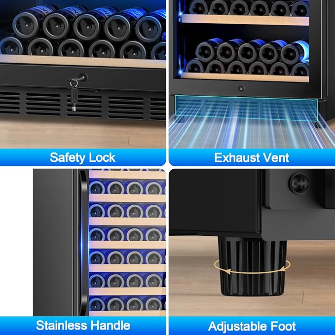 24" Wine Cooler Refrigerator Black, 24 Inch Wide Large Capacity Freestanding/Built in Wine Fridge for 176 Bottles with Safety Lock, Professional Wine Cellar with Glass Door