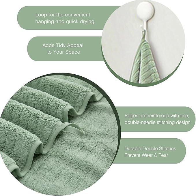 18 Piece Family Bath Towel Set Include 6 Bath Towels,6 Hand Towels and 6 Washcloths Soft Bathroom Towel with Hanging Loops,Highly Absorbent Quick Dry Towels Set for Bathroom,Hotel and Spa-Green