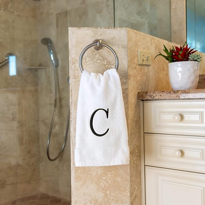 Black Initial Hand Towel for Bathroom - Monogrammed Luxury Hotel Quality Decorative Embroidered Towel for Powder Room, Spa - GOTS Organic Certified - Set of 2 Letter C