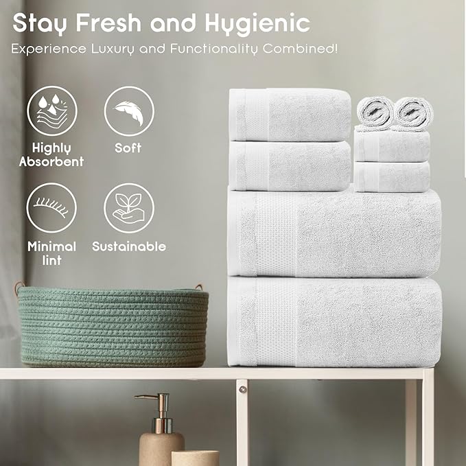 Ariv Premium Bath Towels Pack of 8, 100% Cotton, 2 Large Bath Towels, 2 Hand Towels, 4 Washcloths, Super Soft, Highly Absorbent, Quick Dry, Durable, Great Value, Perfect for Home & Bathroom - White