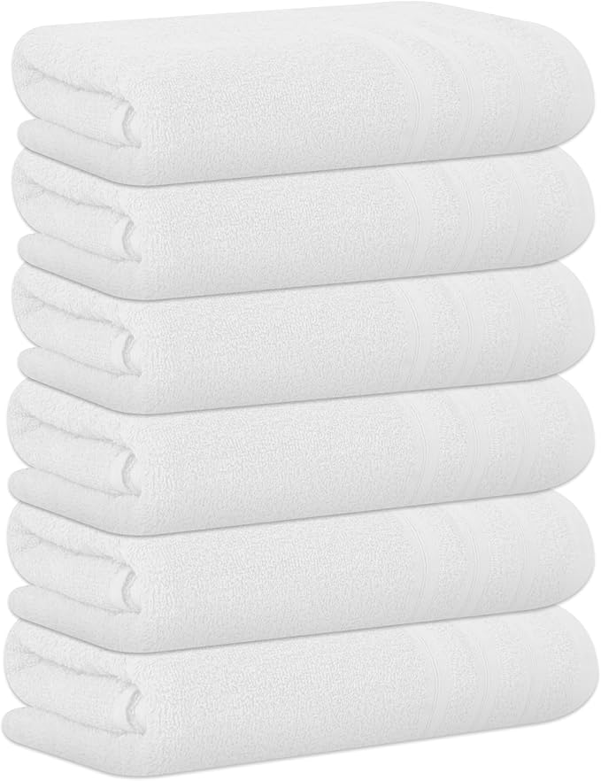 Large Bath Towels Set of 6 – 24" x 50" – 100% Cotton Terry – Durable, Soft & Quick Dry – White Multipurpose Towels for Bathroom, Gym, Spa, Pool & Daily Use