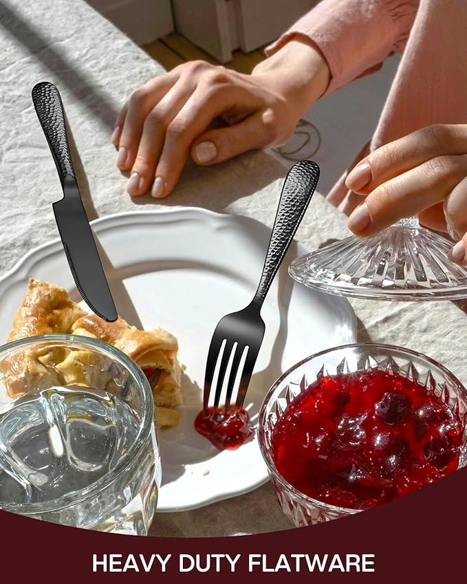 Hammered Black Silverware Set, EUIRIO 40-Piece Flatware Set for 8, Heavy Duty Stainless Steel Cutlery Set, Food-Grade Utensil Sets Includes Spoons Forks and Knives, Mirror Finish Dishwasher Safe