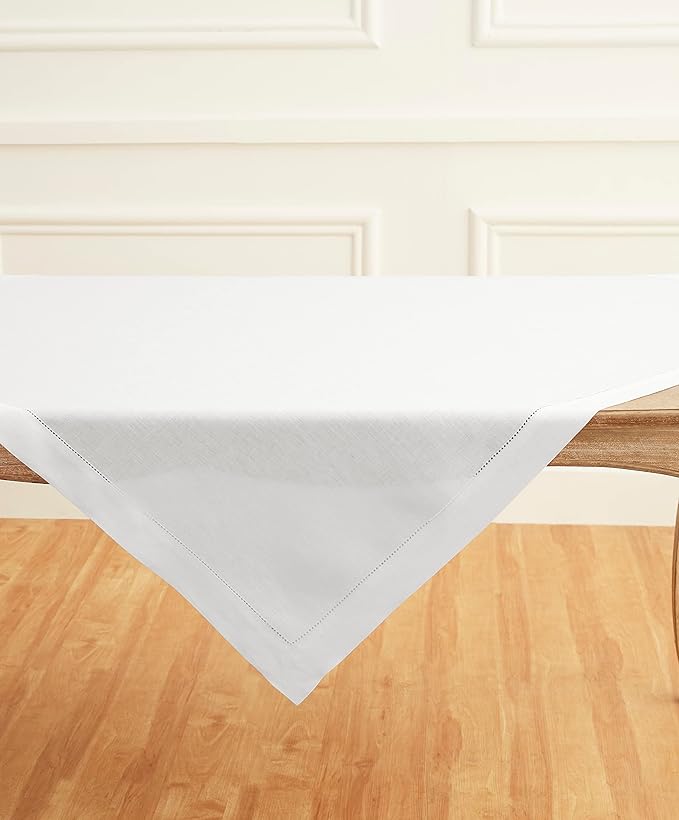 Solino Home White Linen Tablecloth 52 x 52 Inch - 100% Pure Linen Square Table Throw - Classic Hemstitch, Machine Washable Table Cloth for Winter, Holiday, Valentines, New Year
