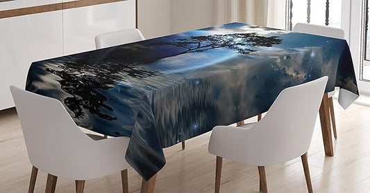 Ambesonne Fantasy Tablecloth, Water Night View Dark Clouds Stars Moonlight Skylights Rays Tree Reflection on Sea Print, Dining Room Kitchen Rectangular Table Cover, 60" X 84", Navy